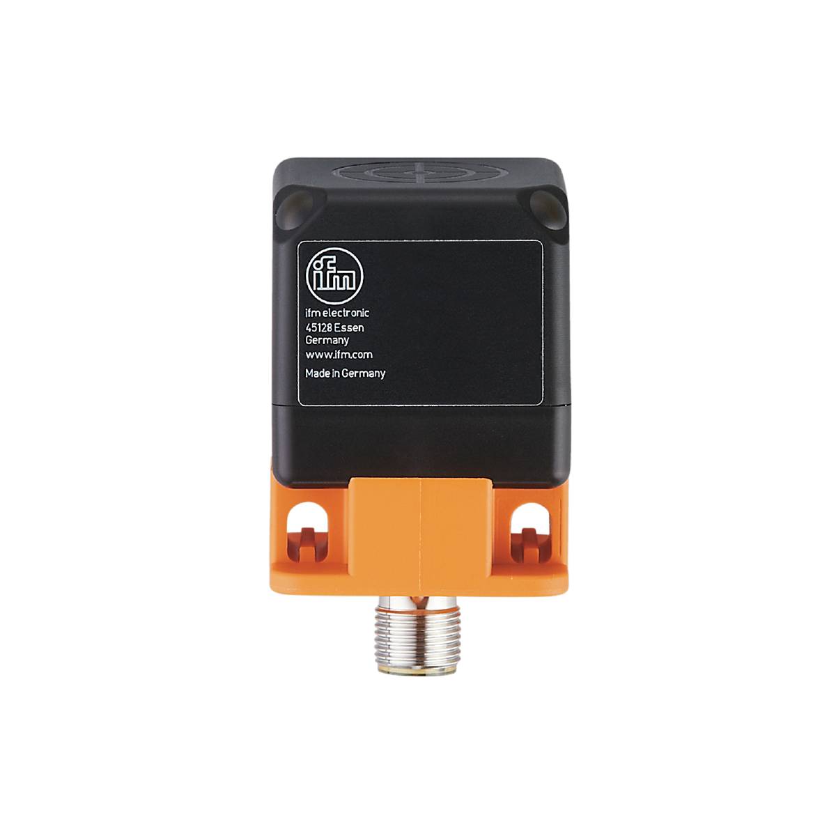 Ein schwarz-oranges elektronisches Gerät aus Deutschland, hergestellt von Ifm Electronic, mit einer Website und Adresse aufgedruckt.
