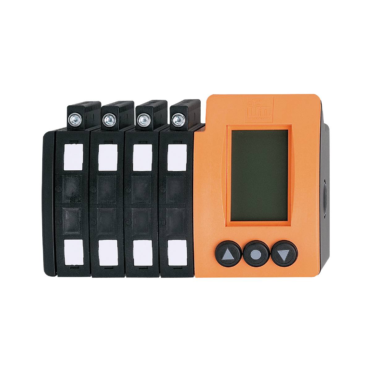 Elektronisches Steuergerät mit einem Display und mehreren Schaltern, hauptsächlich in Schwarz und Orange gestaltet.