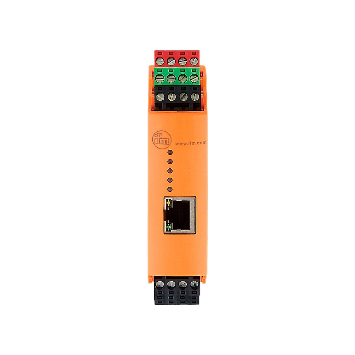 Ein kompaktes, orangefarbenes Elektronikmodul mit mehreren Kabelanschlüssen und einer Ethernet-Buchse in der Mitte, vor schwarzem Hintergrund.
