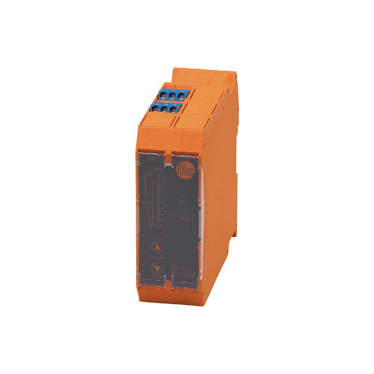 Ein orangefarbenes elektronisches Messgerät mit mehreren Anschlüssen an der Oberseite, auf schwarzem Hintergrund platziert.