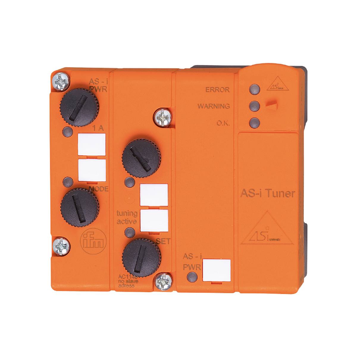 Oranges elektronisches Gerät mit mehreren schwarzen Drehreglern, Schaltern und Statusanzeigen. Bestimmung unklar.