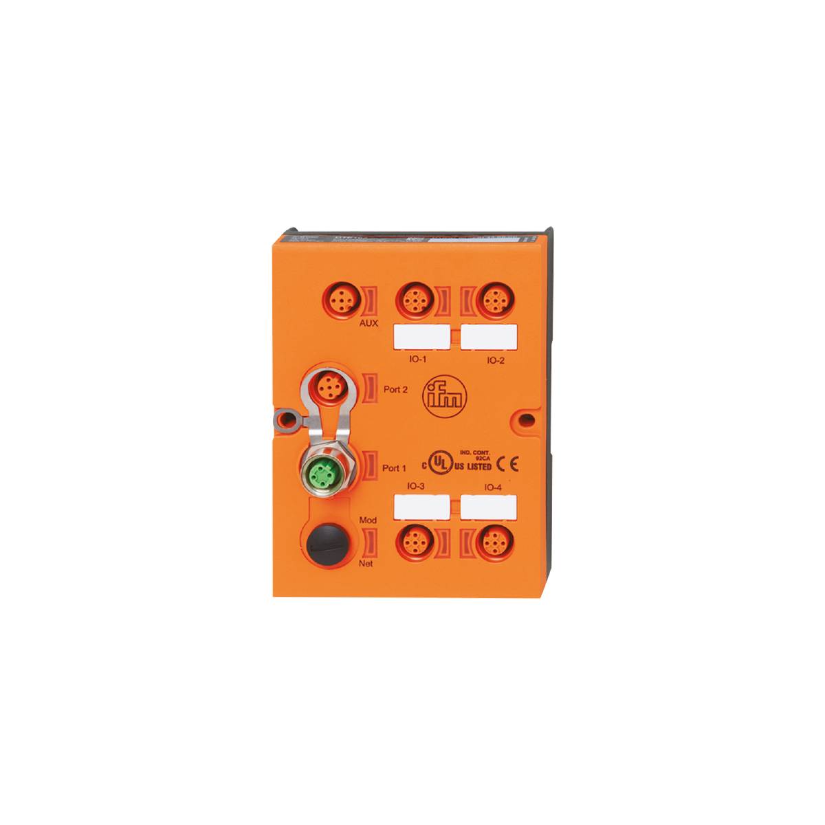 Industrielle Steuerungseinheit in Orange mit mehreren Anschlüssen, darunter 2 Ethernet-Ports und diverse Steuerungsanschlüsse, geeignet für IoT-Anwendungen.