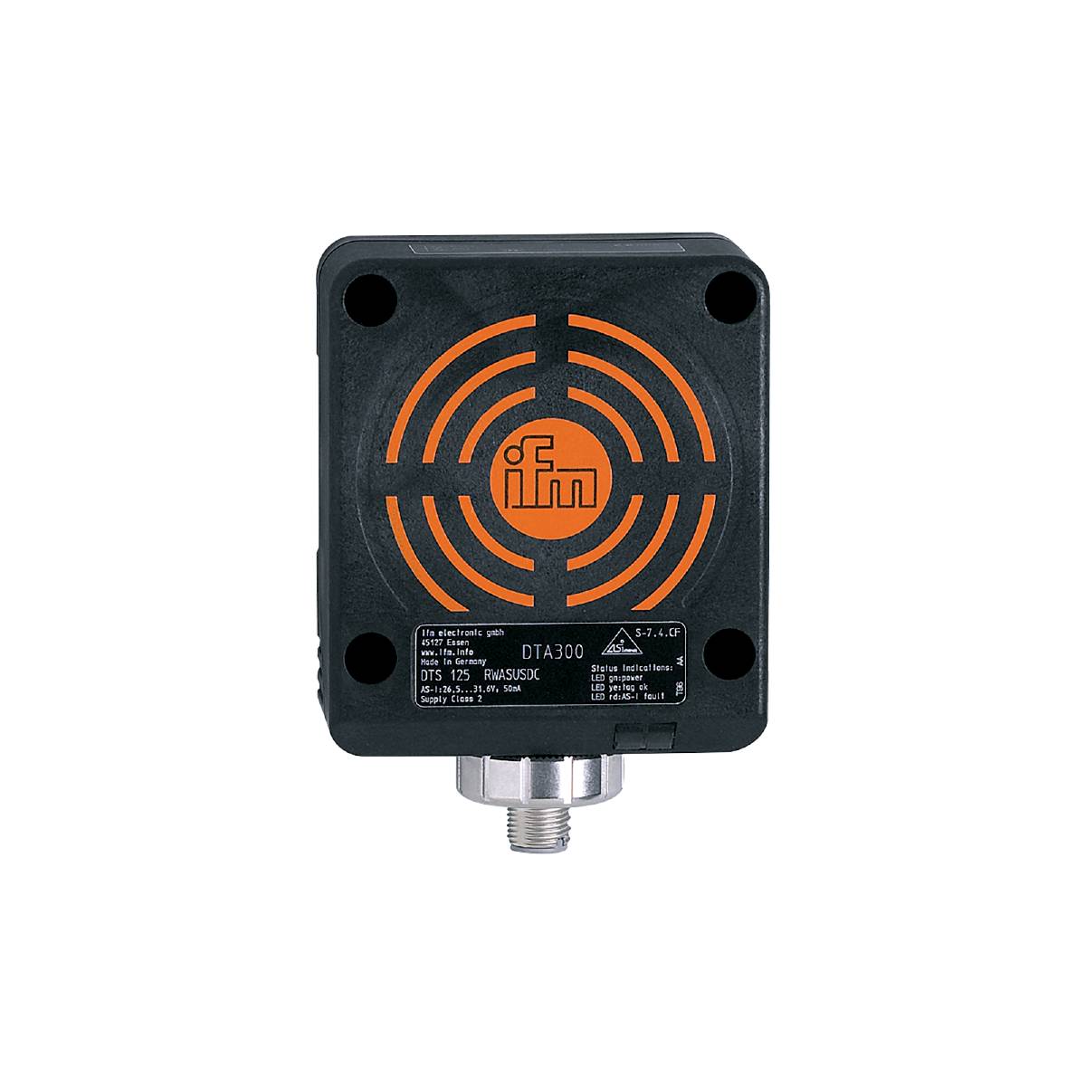 Ein schwarzer Sensor mit orangenem Logo, quadratischer Form und mehreren Befestigungspunkten, zeigt Messdaten und Modellnummer.