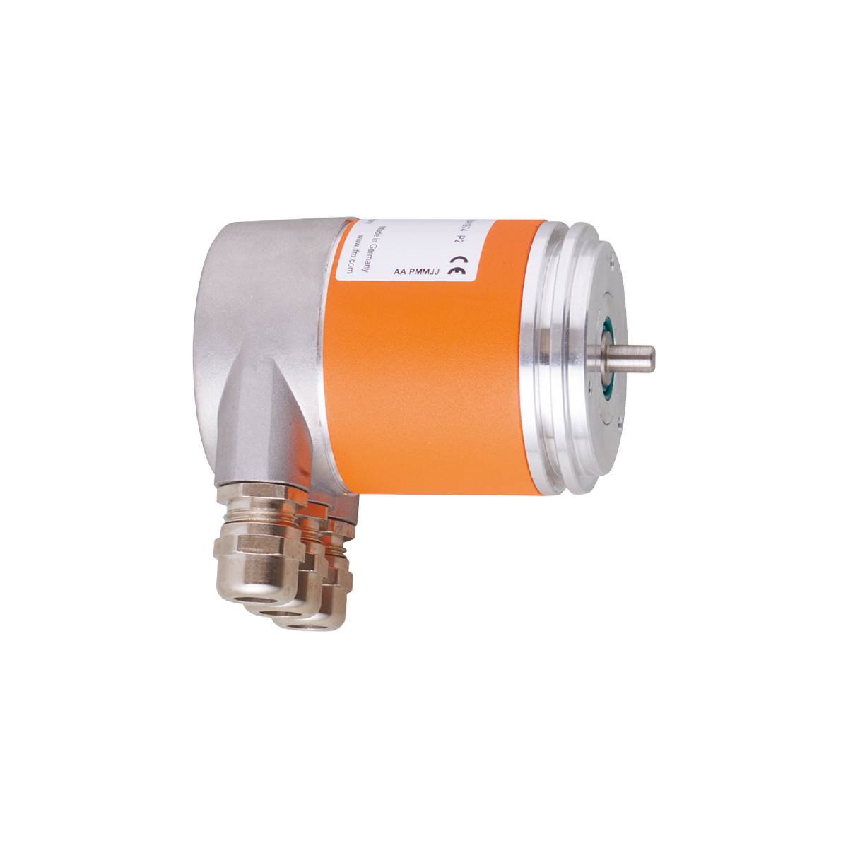 Dynamischer Encoder in orange-silbernem Gehäuse mit mehreren elektrischen Steckverbindungen, auf schwarzem Hintergrund.