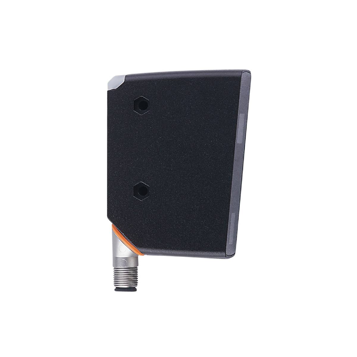 Ein rechteckiger, schwarzer Sensor mit einer Metallverbindung unten. Er hat zwei hervorstehende Sechskantmuttern auf der Oberfläche.