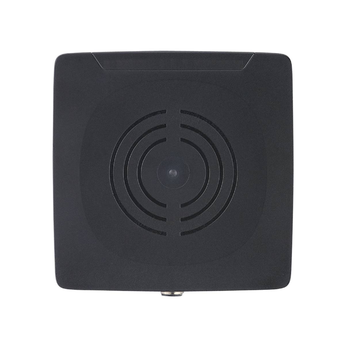 Ein quadratisches schwarzes Gerät auf schwarzem Hintergrund, wahrscheinlich ein Lautsprecher oder Sensor, mit kreisförmigem Muster in der Mitte.