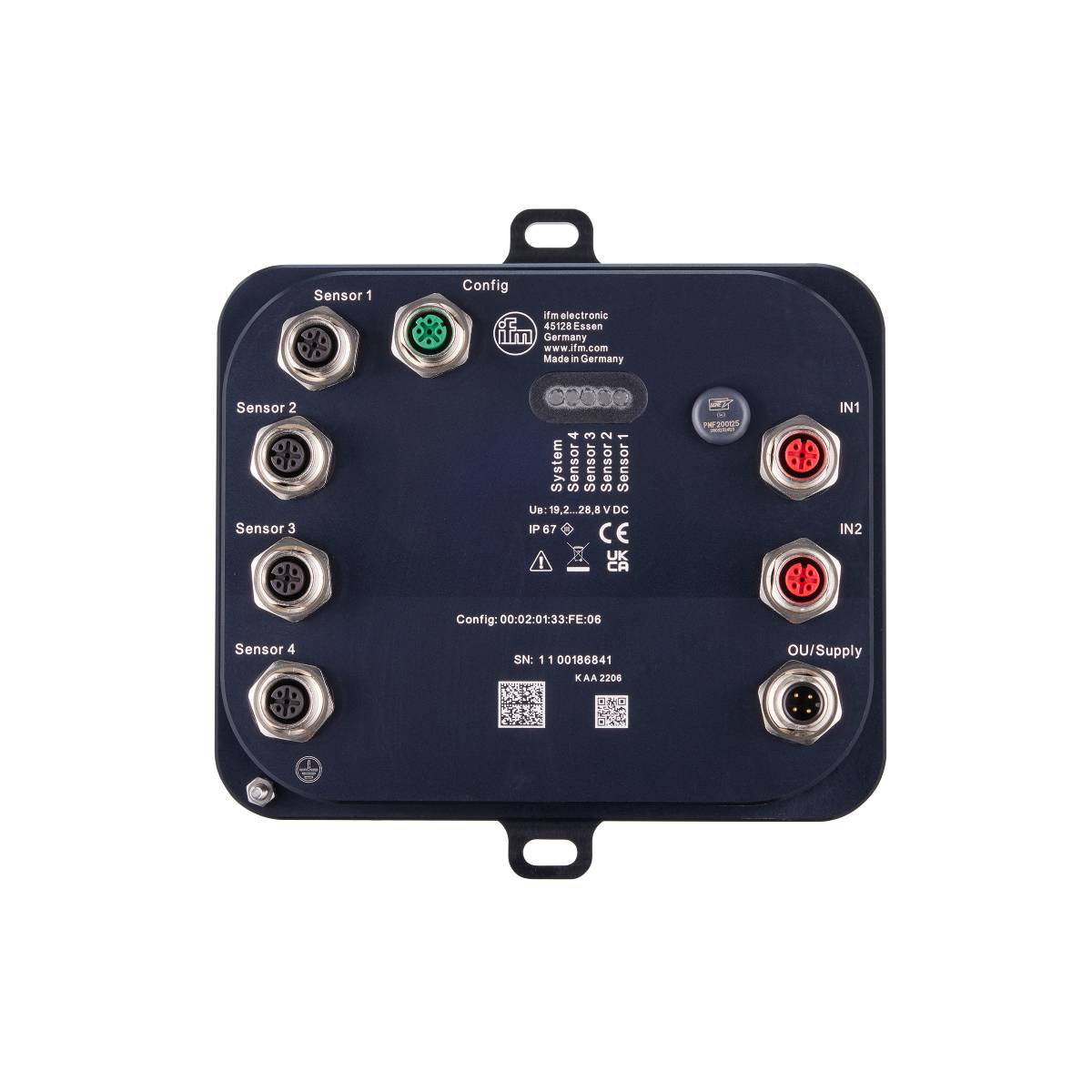 Ein schwarzes elektronisches Gerät mit mehreren Anschlüssen und Sensoren, das für die Konfiguration und Stromversorgung ausgestattet ist.