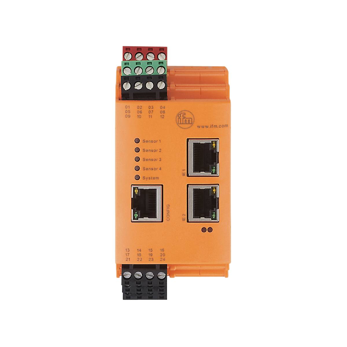 Ein orangefarbenes elektronisches Gerät mit mehreren Anschlüssen und LED-Anzeigen. Oben sind Anschlussklemmen, unten Steckeranschlüsse.