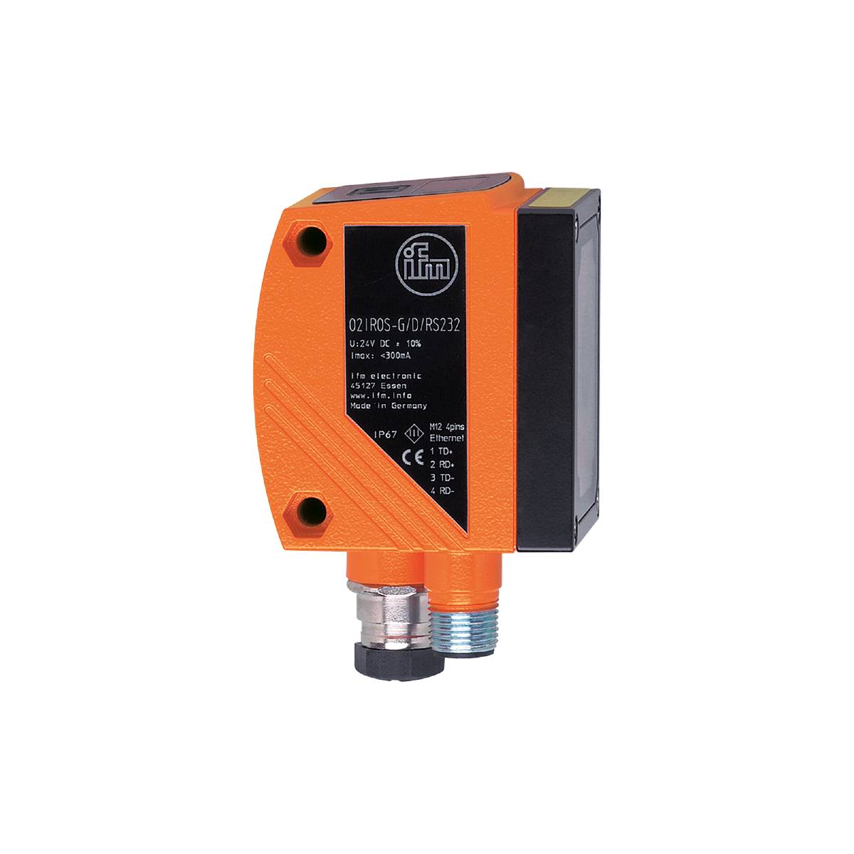 Ein oranger, quaderförmiger Sensor mit IFM-Logo und zwei Anschlussbuchsen. Verwendet zur Erkennung von Objekten in industriellen Anwendungen.