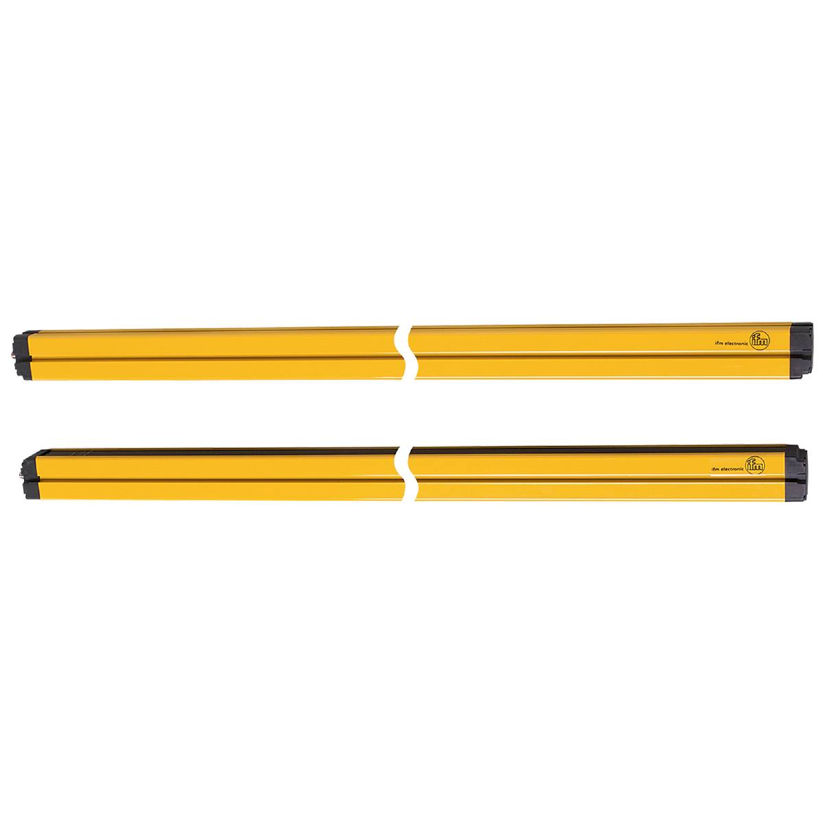 Zwei gelbe Sicherheitslichtschranken in paralleler Anordnung auf schwarzem Hintergrund. Sie dienen dem Schutz von Maschinenarbeiter.