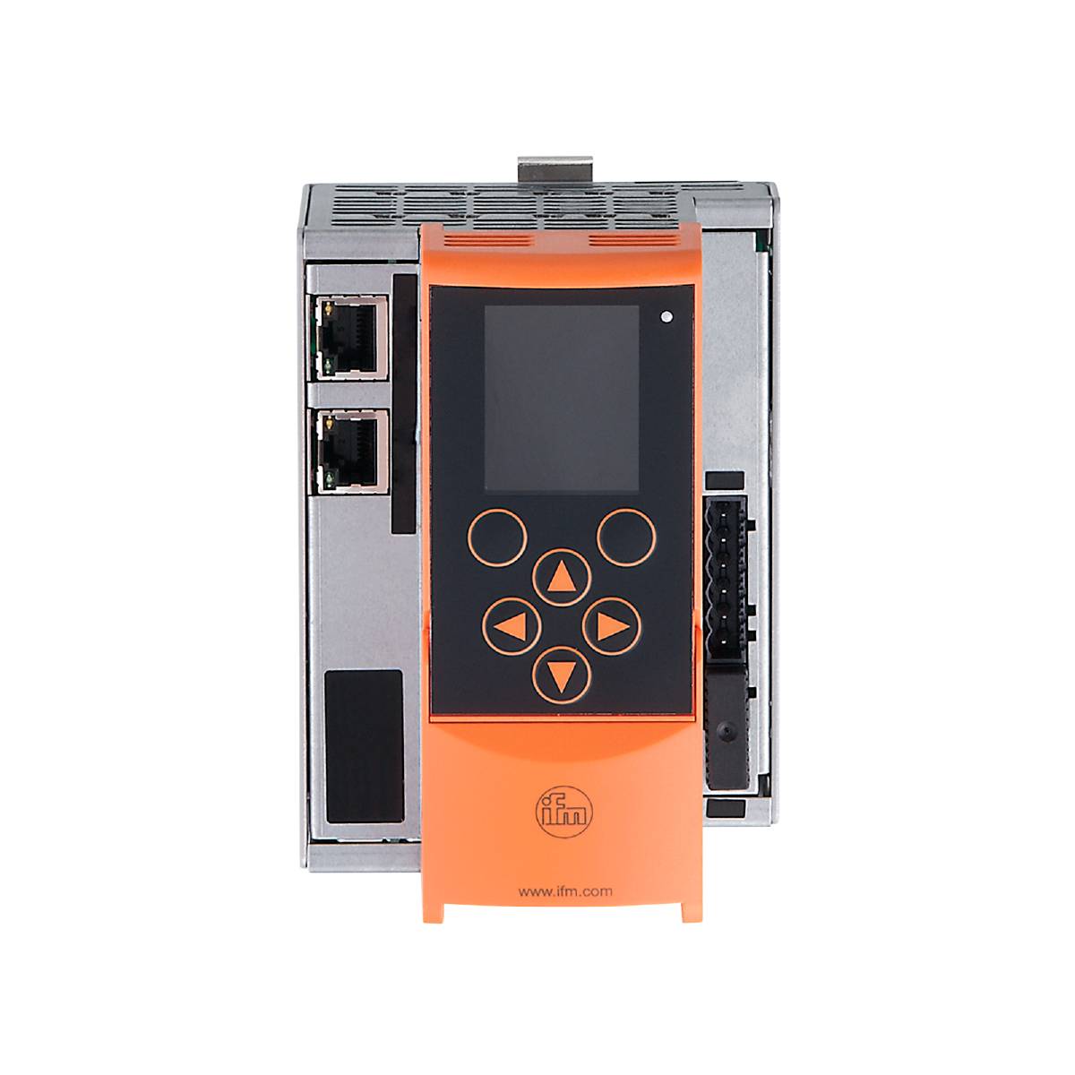 Ein Industriecontroller mit orangefarbenem Bedienfeld und mehreren Anschlüssen, genutzt zur Steuerung und Automatisierung von Prozessen.