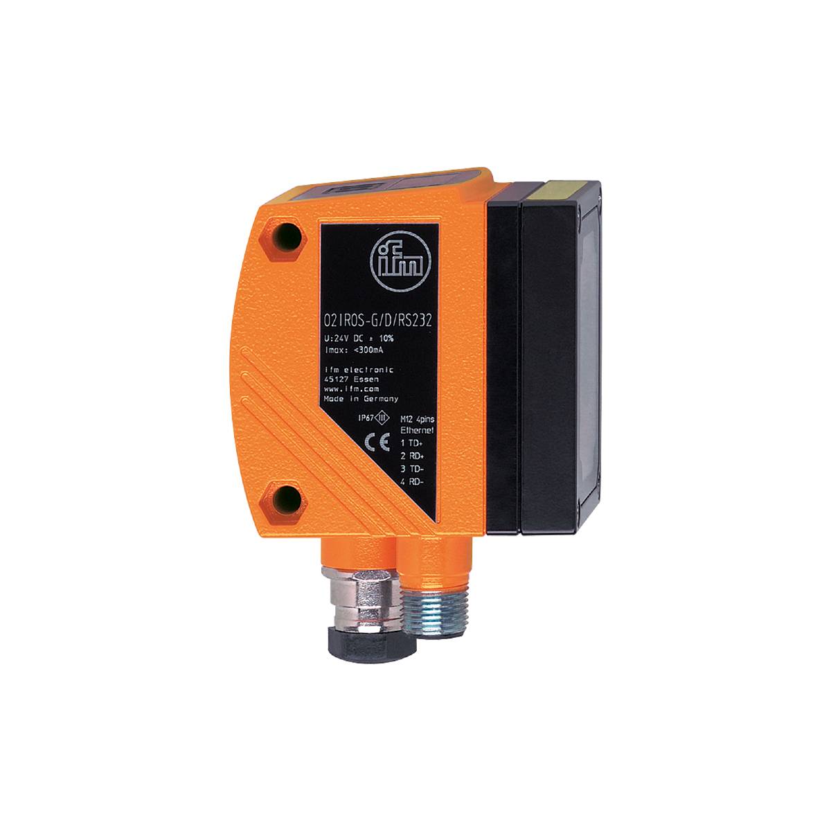 Ein orange-schwarzer Industrielichtsensor mit Aufschrift '021RG, GIO/R232'. Zylinderförmige Anschlüsse an der Unterseite.