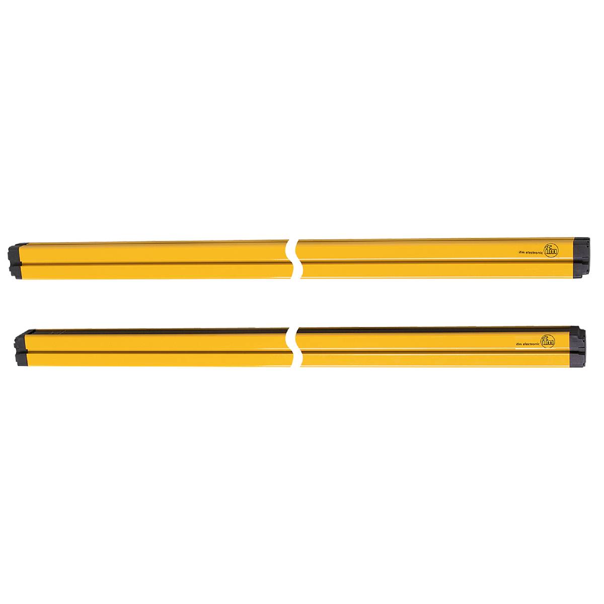 Zwei gelbe Sicherheitslichtschranken auf schwarzem Hintergrund.