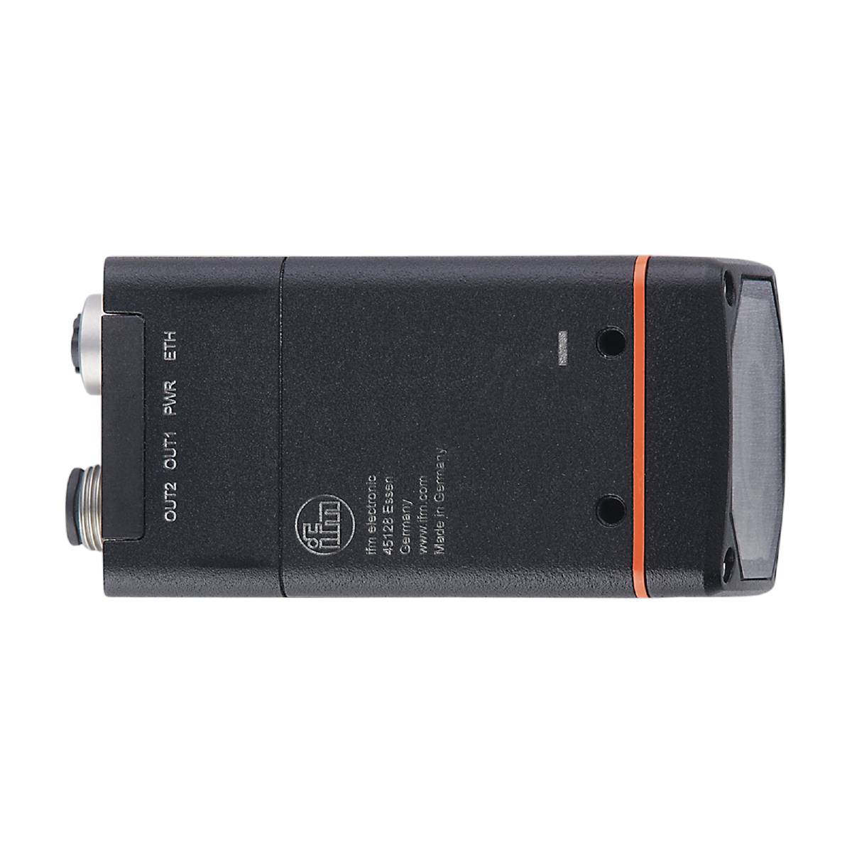 Ein schwarzes elektronisches Gerät von der Seite, mit Anschlüssen oben und Herstellerinformationen auf der Vorderseite sichtbar.