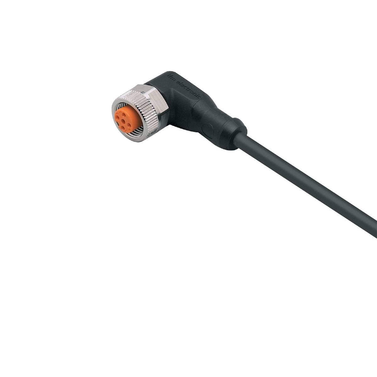 Ein schwarzes Kabel mit einem rechteckigen, silbernen Stecker und einer orangefarbenen Innenseite liegt auf schwarzem Hintergrund.