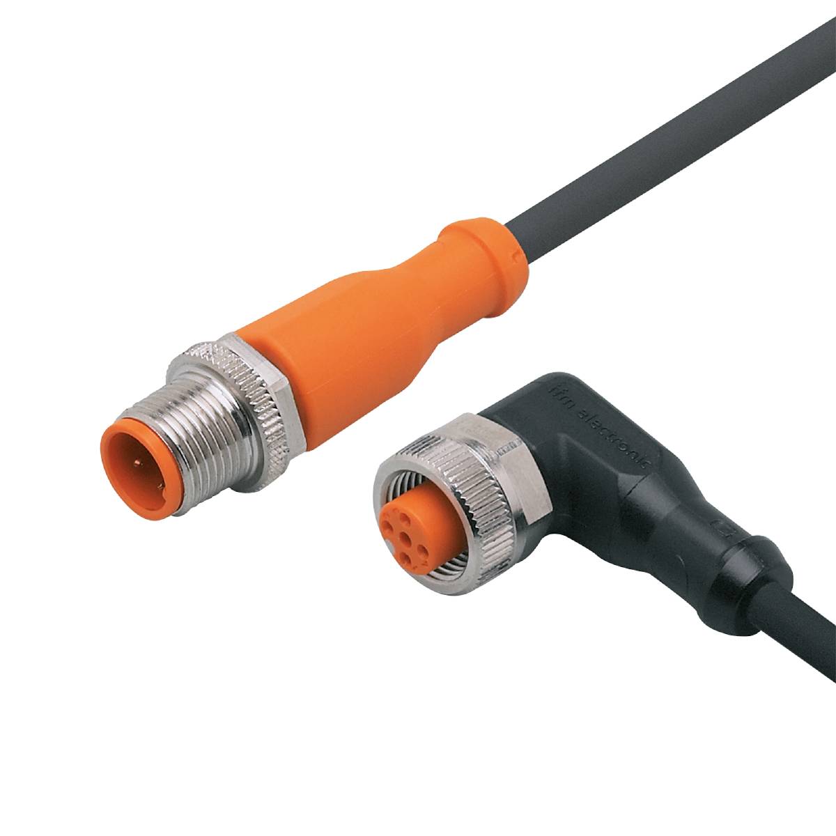 Schwarzes Kabel mit orangefarbenem Rundstecker, verbunden mit einem grauen Stecker. Produktfoto zeigt Details der Steckerverbindungen.