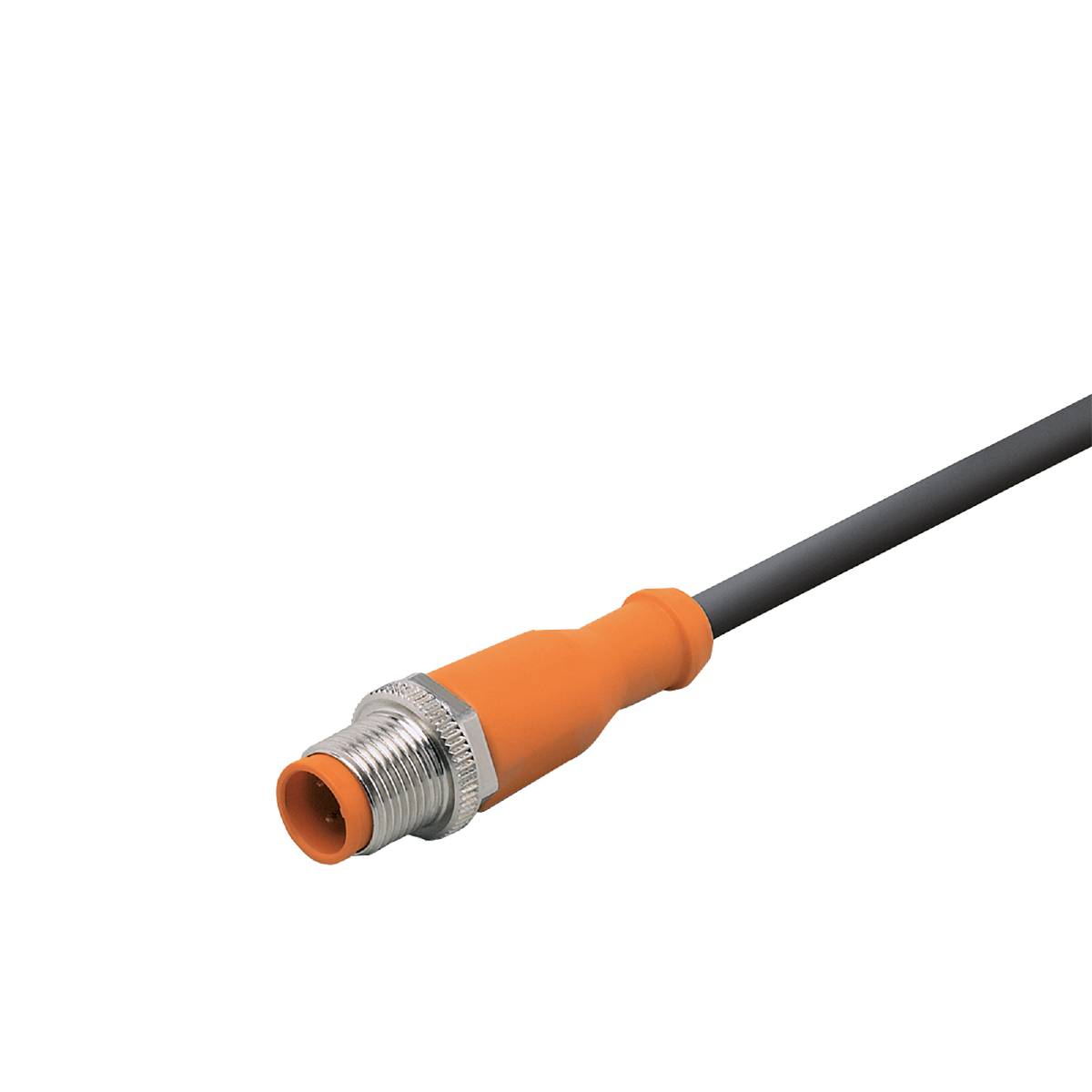 Ein orangefarbenes Kabel mit einem silbernen Stecker am Ende, möglicherweise ein elektrisches oder elektronisches Verbindungskabel.
