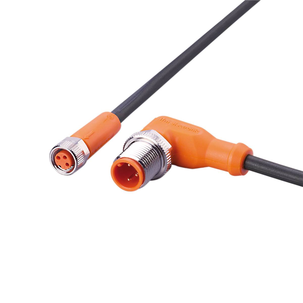 Ein orangefarbener Sensorstecker mit Metallverbindungen, verbunden mit einem Kabel. Geeignet für industrielle Anwendungen.