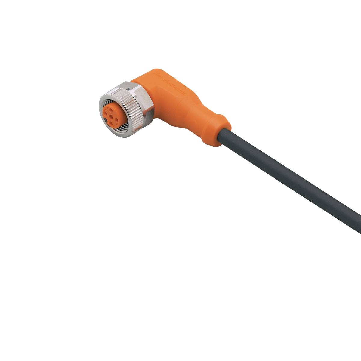 Ein orange-schwarzer Winkelstecker auf schwarzem Hintergrund, geeignet für industrielle Anwendungen.