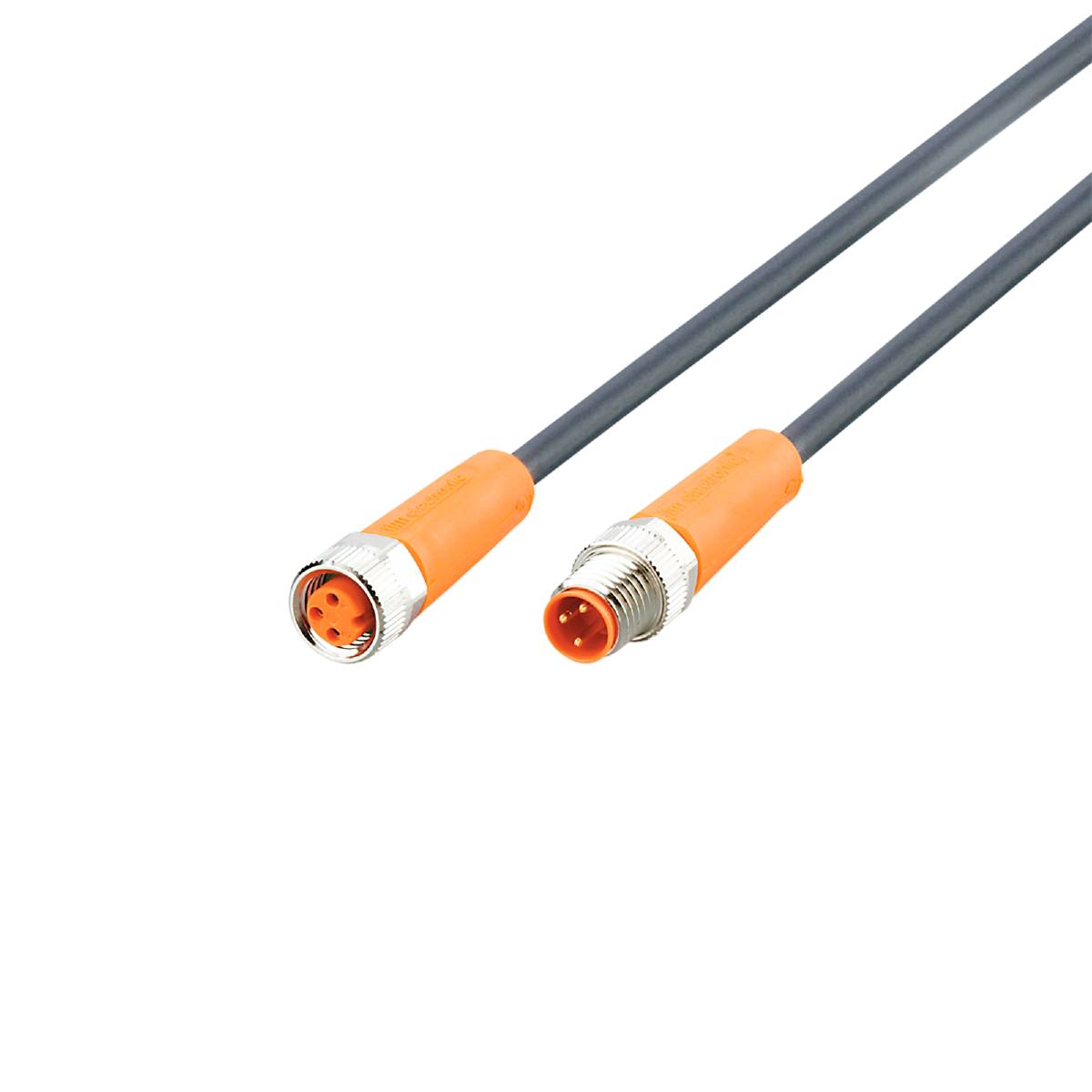 Zwei orangefarbene Steckverbinderkabel mit metallenen Schraubverschlüssen auf schwarzem Hintergrund, die miteinander verbunden werden können.