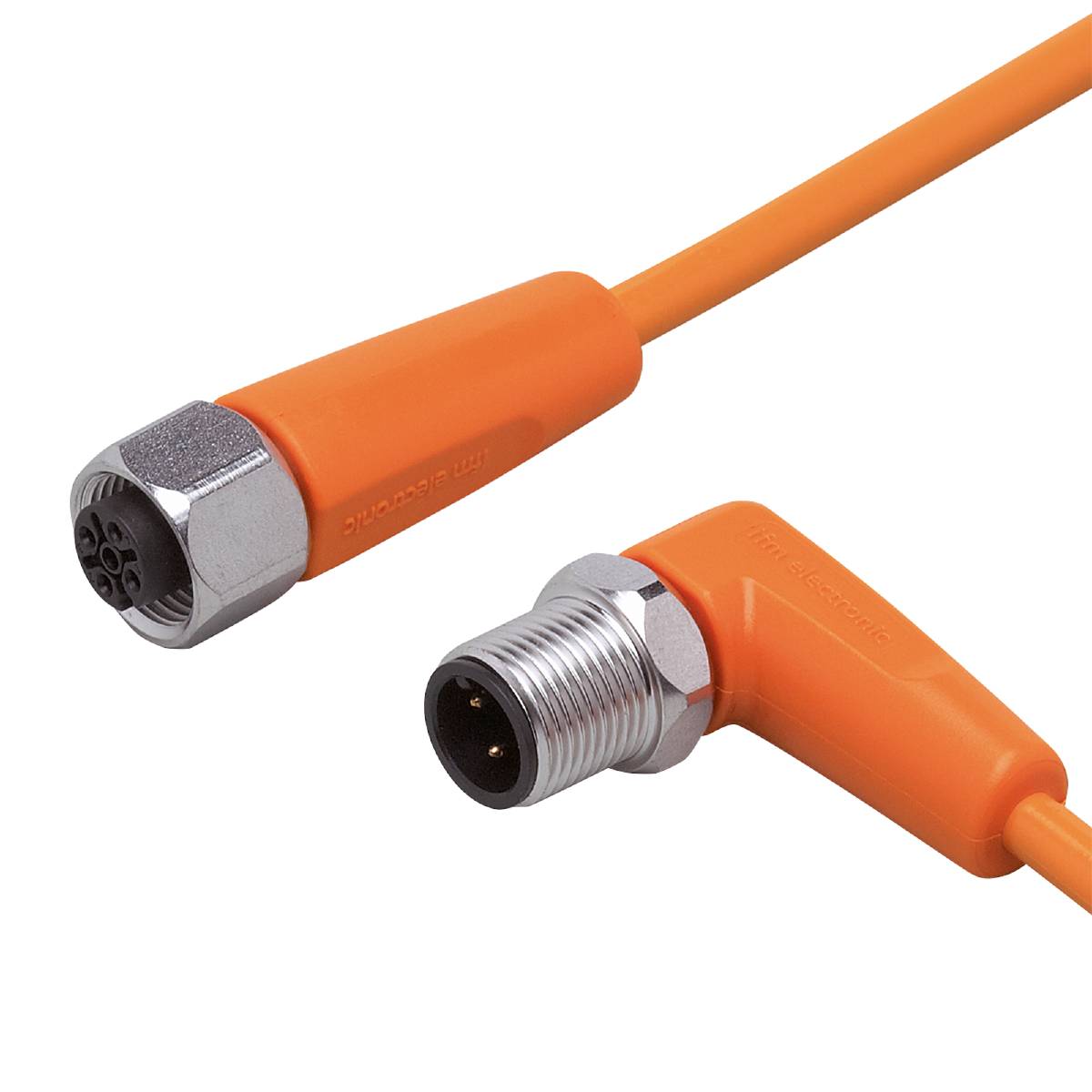 Ein orangefarbenes Industrie-Steckerkabel mit einem geraden und einem gewinkelten Stecker, die für technische Anwendungen verwendet werden.
