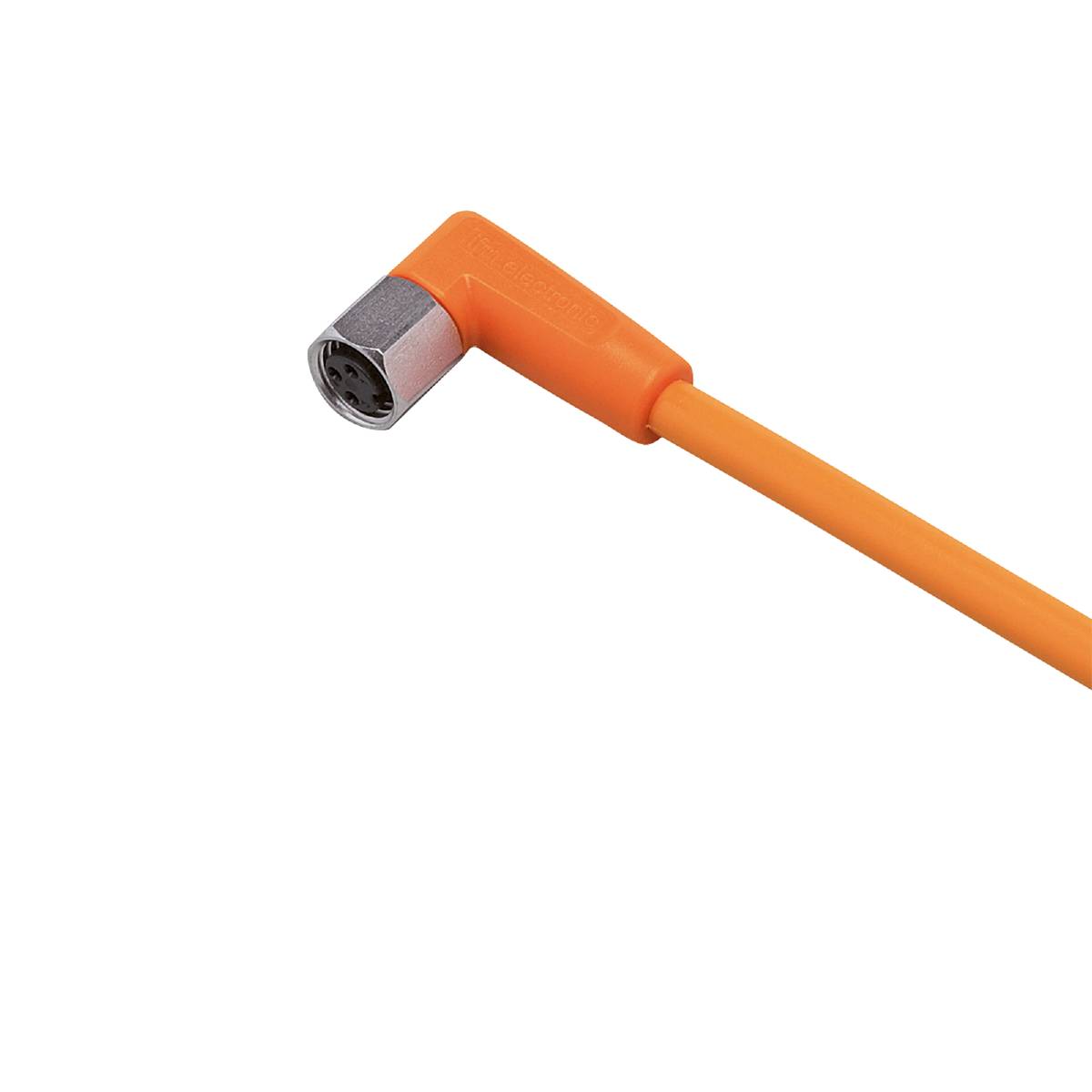 Ein orangefarbenes Kabel mit einem rechtwinkligen Steckverbinder, geeignet für den Anschluss elektronischer Geräte.
