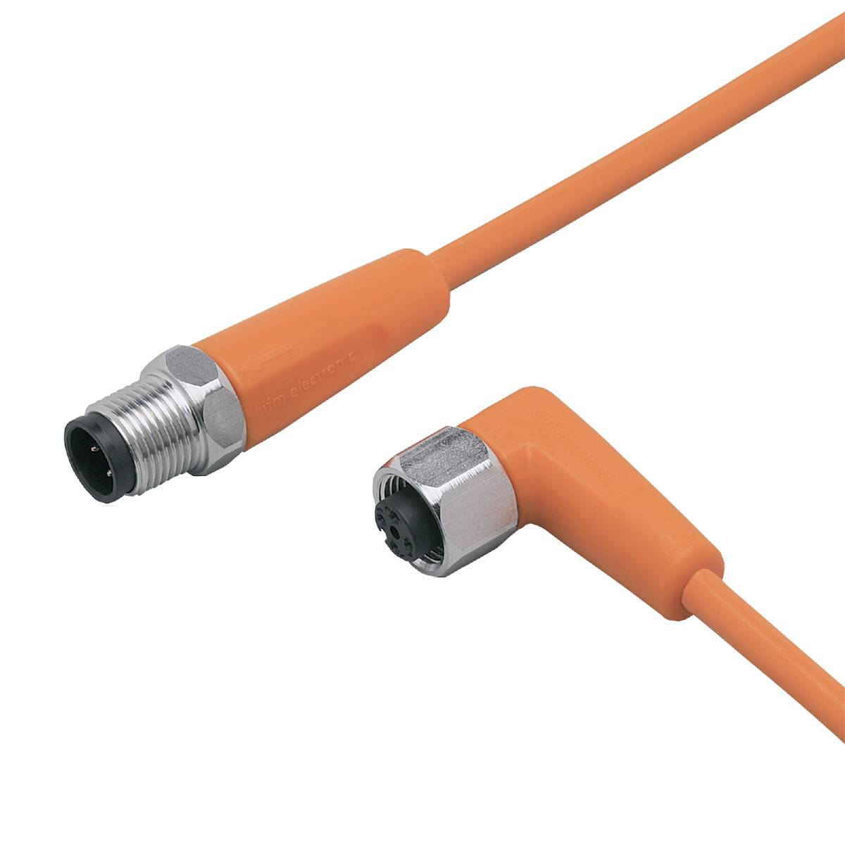 Ein orangefarbenes M12-Verbindungskabel mit einem geraden und einem abgewinkelten Stecker, beide mit Metallgewinde.