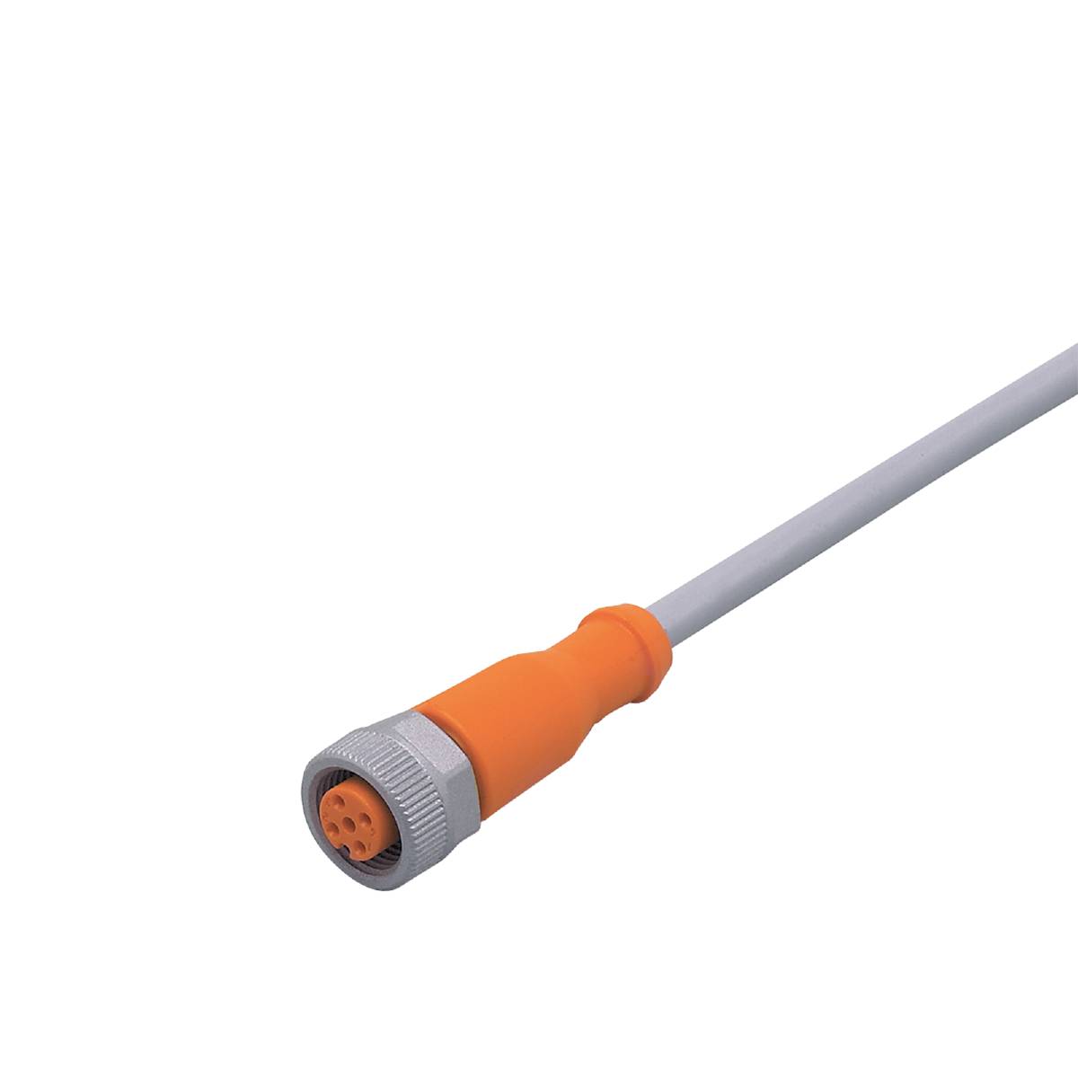 Ein orangefarbenes Kabel mit silbernem Stecker liegt auf schwarzem Hintergrund.
