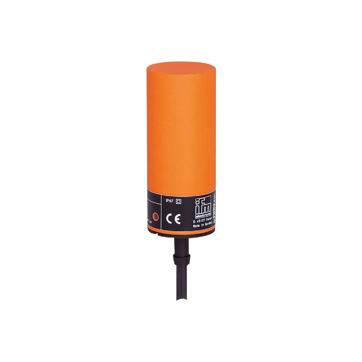 Ein zylinderförmiger Sensor mit orangefarbener Oberfläche und schwarzem unteren Rand. Das Etikett zeigt Symbole zur Kennzeichnung.