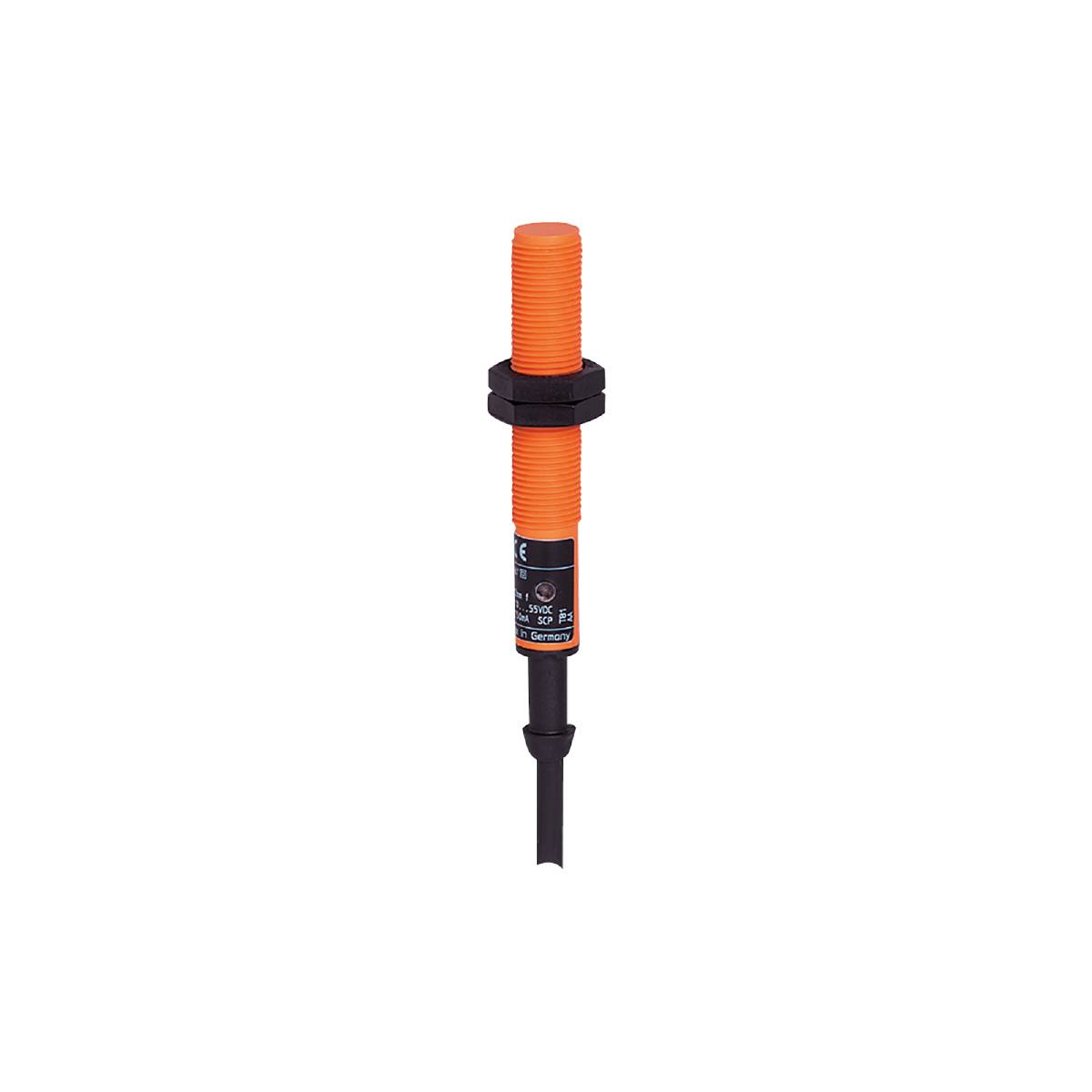 Ein zylindrischer, oranger Sensor mit schwarzem Kabel, geeignet für industrielle Anwendungen, vor schwarzem Hintergrund.