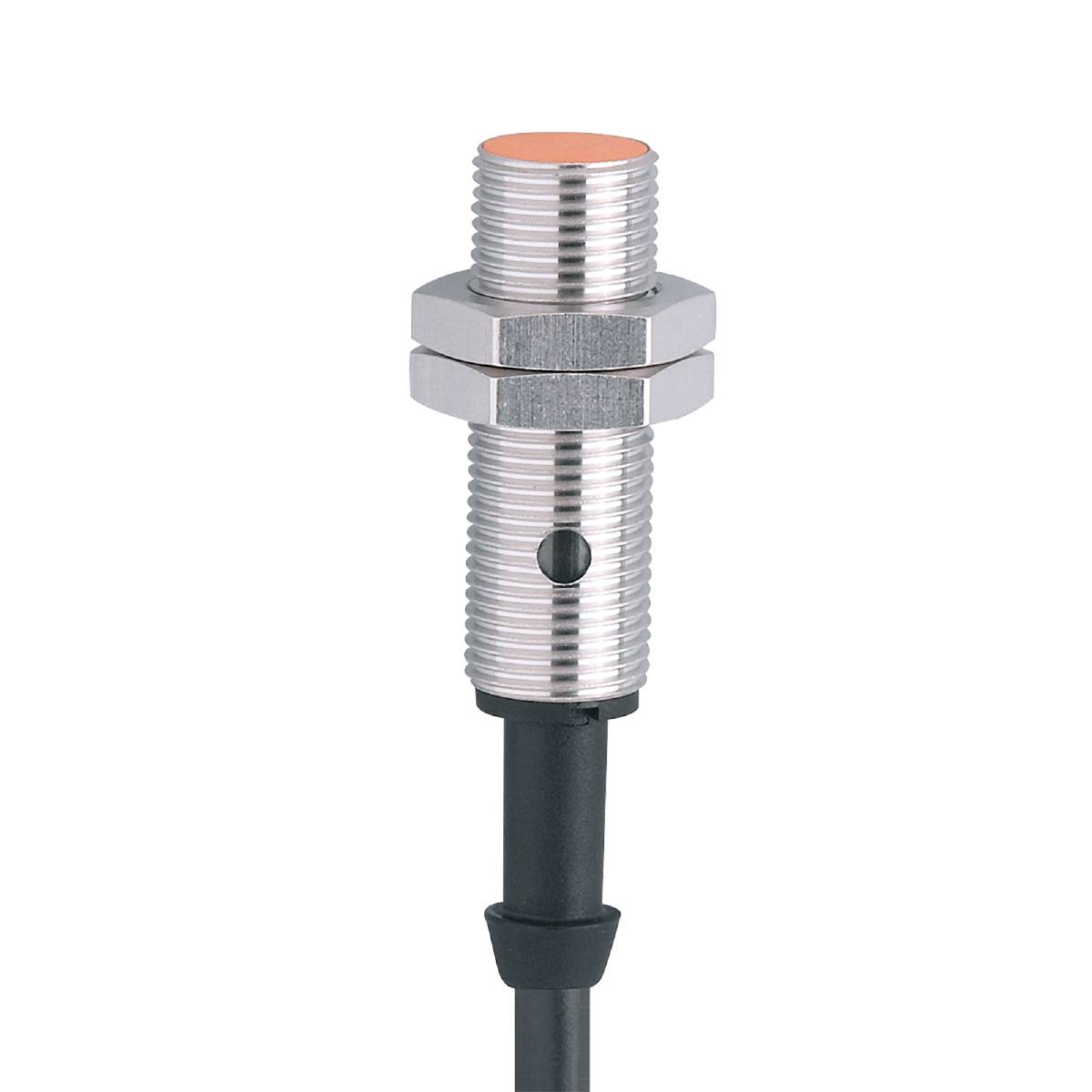 Zylindrischer Sensor mit Gewinde und befestigtem Kabel, zur Messung oder Erkennung in industriellen Anwendungen.