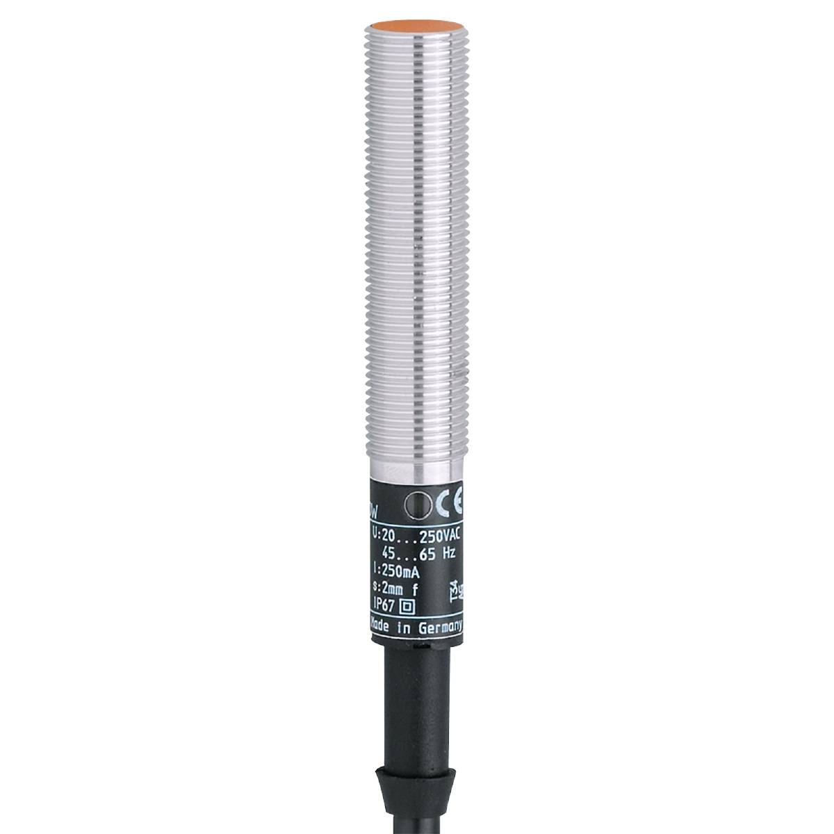 Zylindrischer Sensor mit metallischem Gehäuse, schwarzer Sockel und Aufschrift 'Made in Germany'.