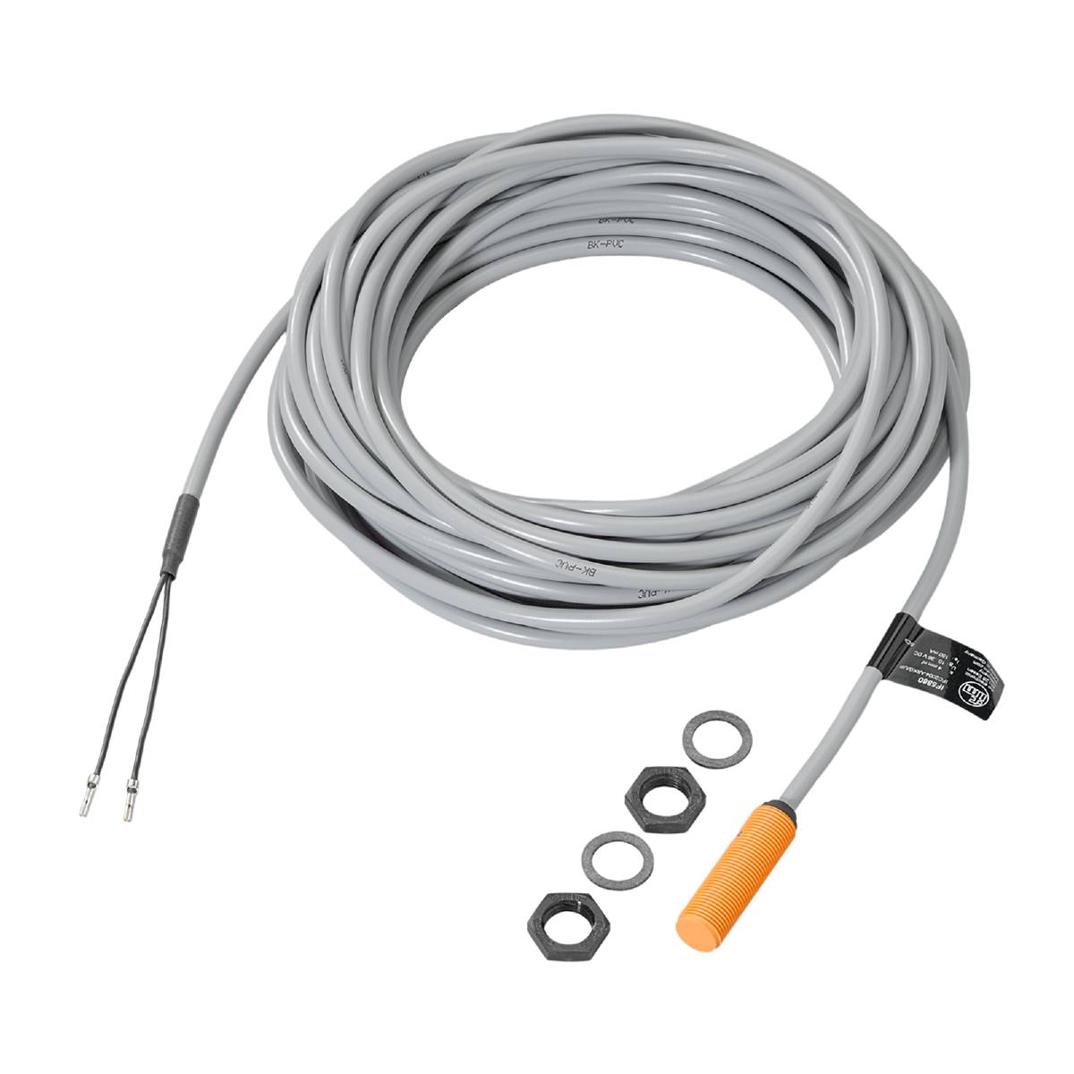 Ein langer, grauer Kabel mit einem orangen Sensor und zwei Muttern. Geeignet für industrielle Anwendungen in Steuerungssystemen.
