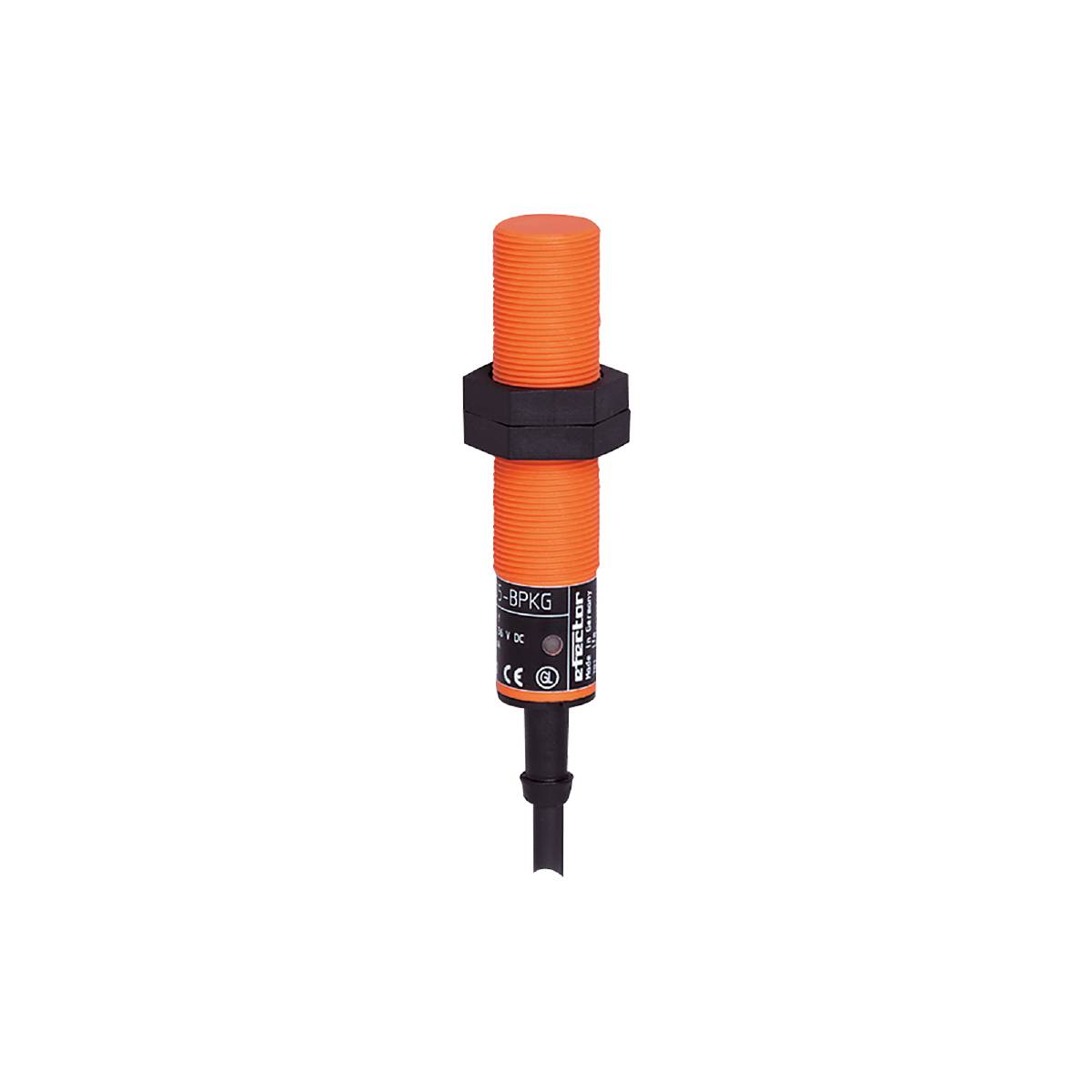 Ein zylindrischer, orangefarbener Sensor mit schwarzer Basis, Markenlogo und technischen Details. Ermöglicht berührungslose Erkennung.