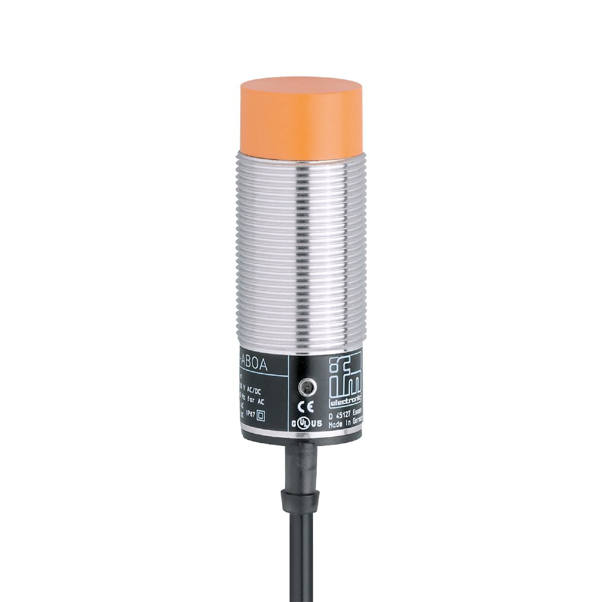 Ein zylindrischer Sensor mit orangener Abdeckung und einem Kabelanschluss zeigt technische Details auf einem schwarzen Hintergrund.