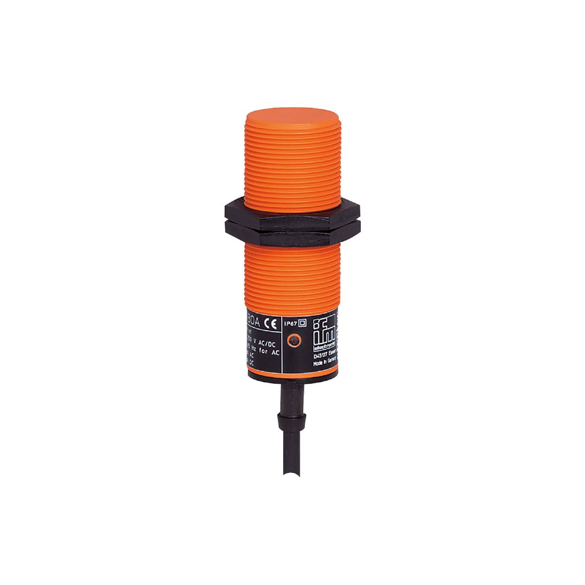 Ein zylindrischer, orangefarbener Sensor mit schwarzer Basis, geeignet für industrielle Anwendungen. Enthält technische Informationen auf der Basis.