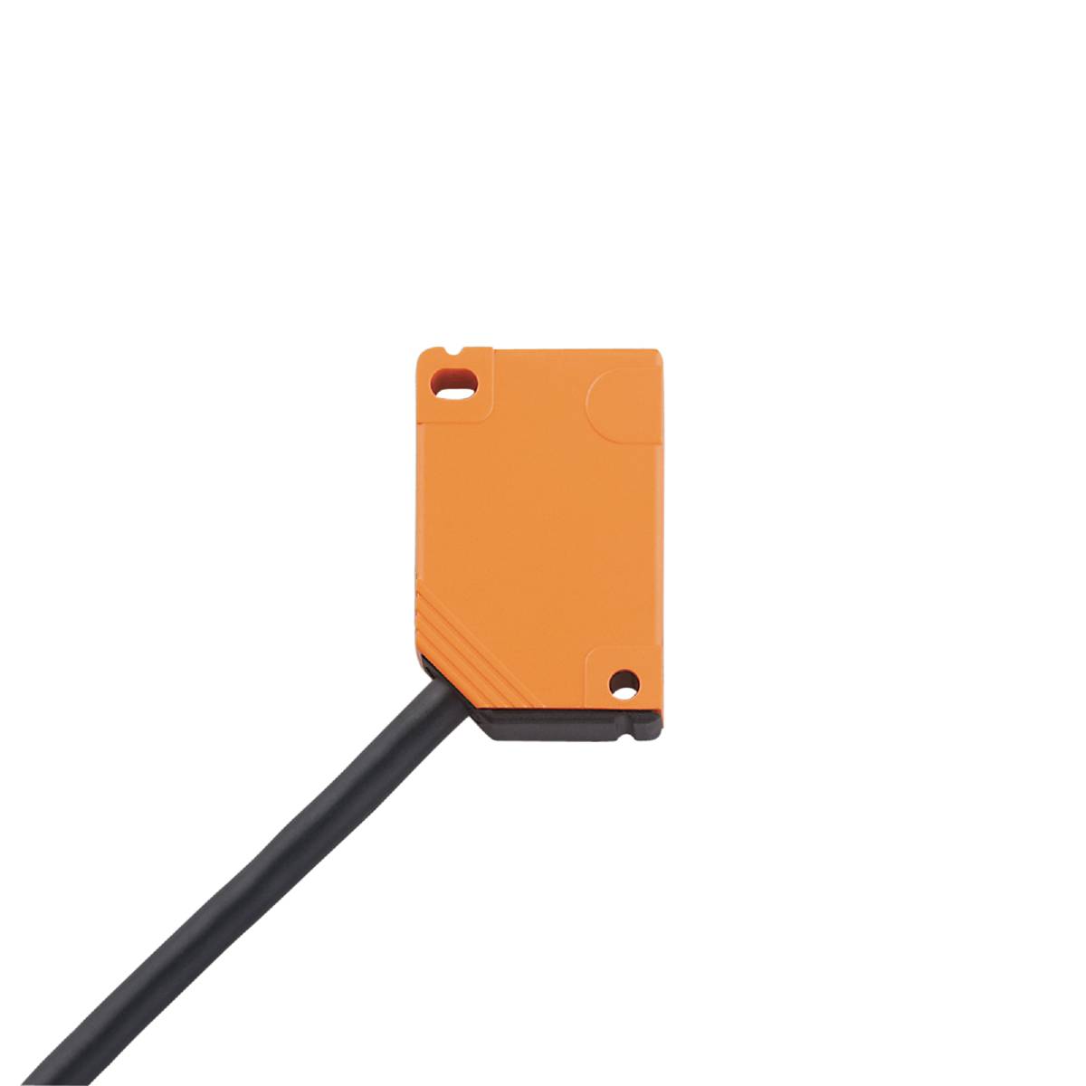 Ein orangefarbener Sensor mit schwarzem Kabel auf schwarzem Hintergrund.