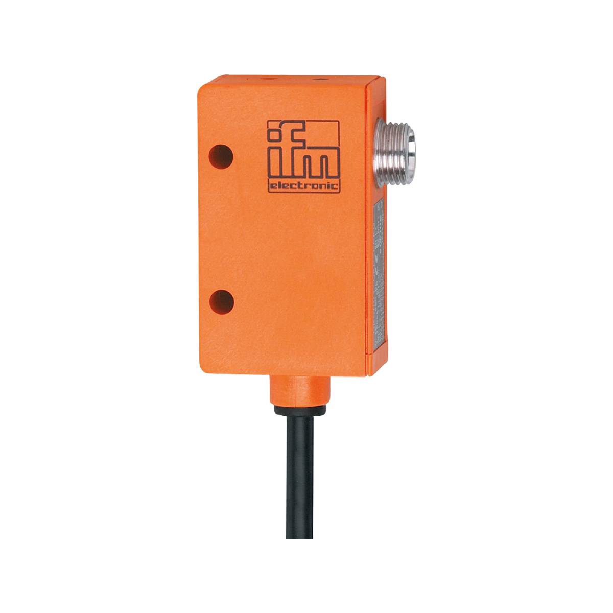Ein rechteckiger, orangefarbener Sensor mit Aufschrift 'ifm electronic' und Kabelanschluss am unteren Ende, vor schwarzem Hintergrund.