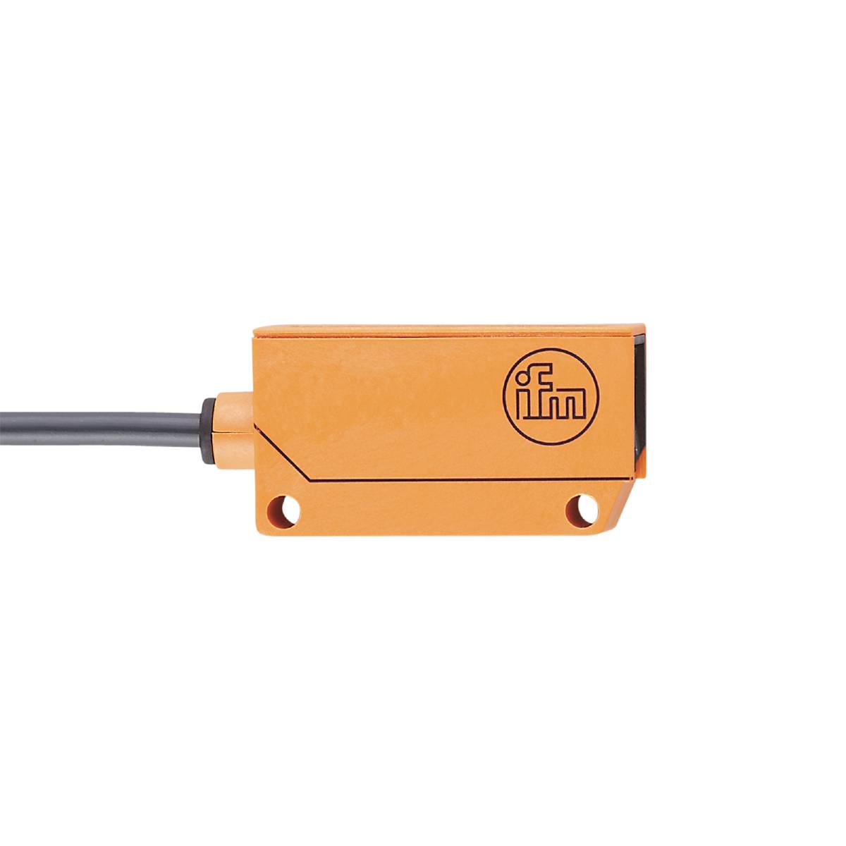 Ein rechteckiger, orangefarbener Sensor mit dem Logo einer Elektronikfirma an der Seite und einem angeschlossenen Kabel.