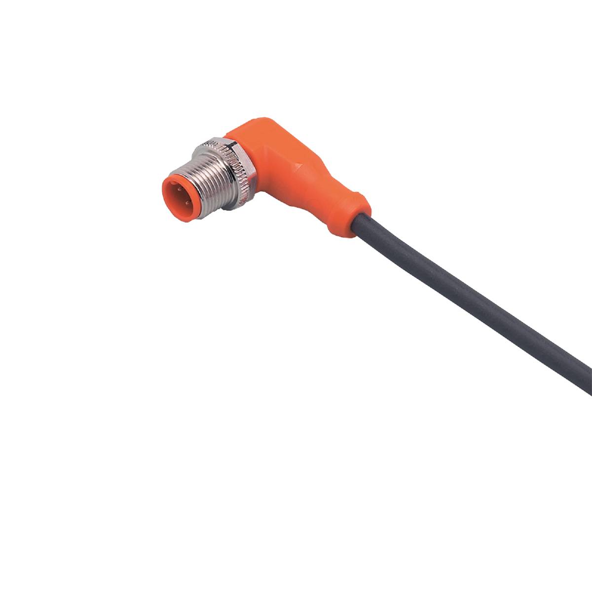 Orangefarbener Winkelstecker mit schwarzem Kabel, vor schwarzem Hintergrund.