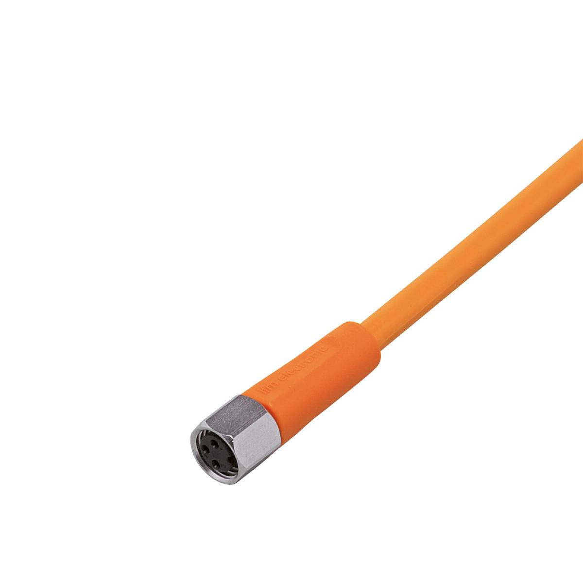 Ein orangefarbenes Kabel mit einem silbernen Stecker auf schwarzem Hintergrund.