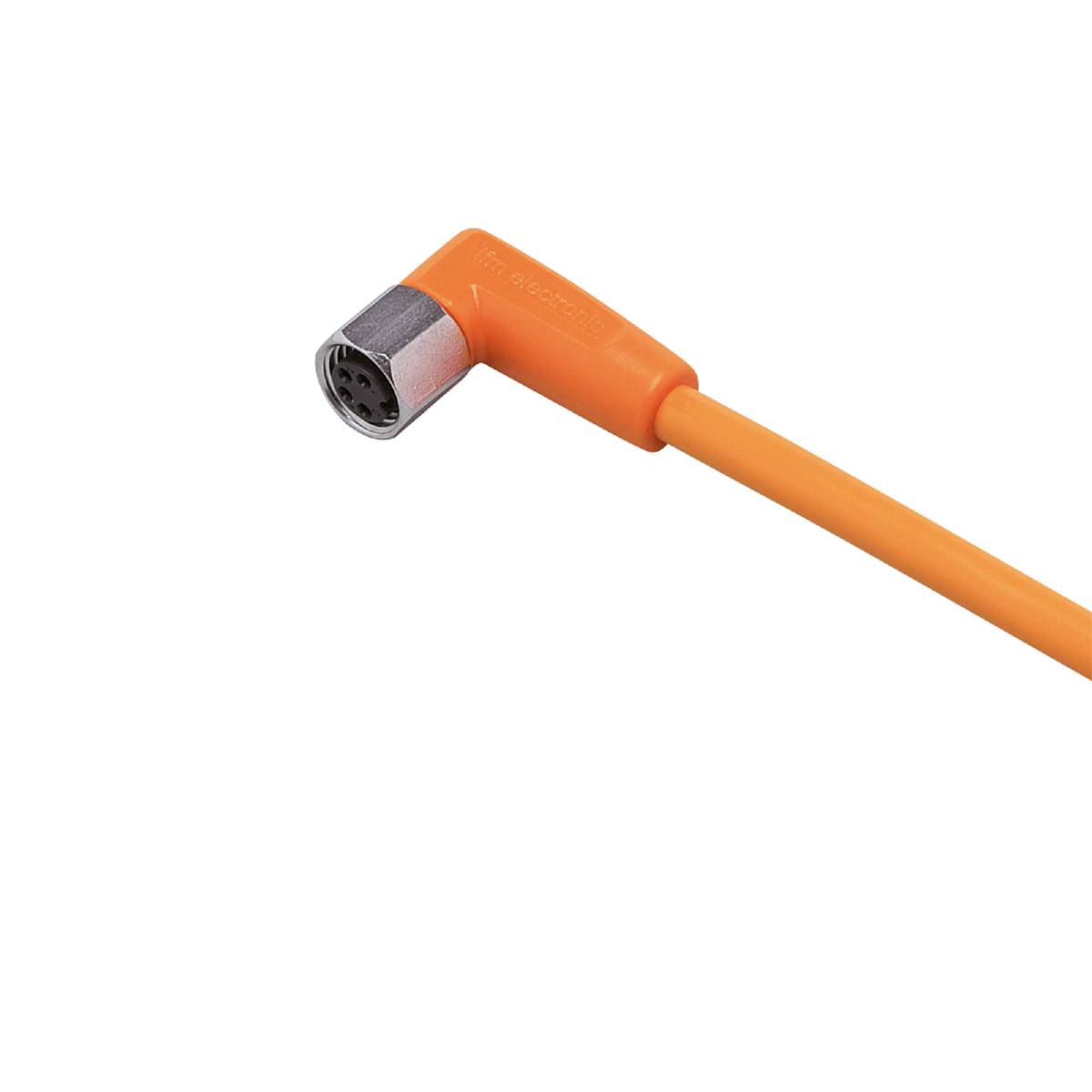 Ein orangefarbenes, gewinkeltes Kabel mit einem runden Mehrfachstecker am Ende, geeignet zur elektrischen Verbindung oder Datenübertragung.