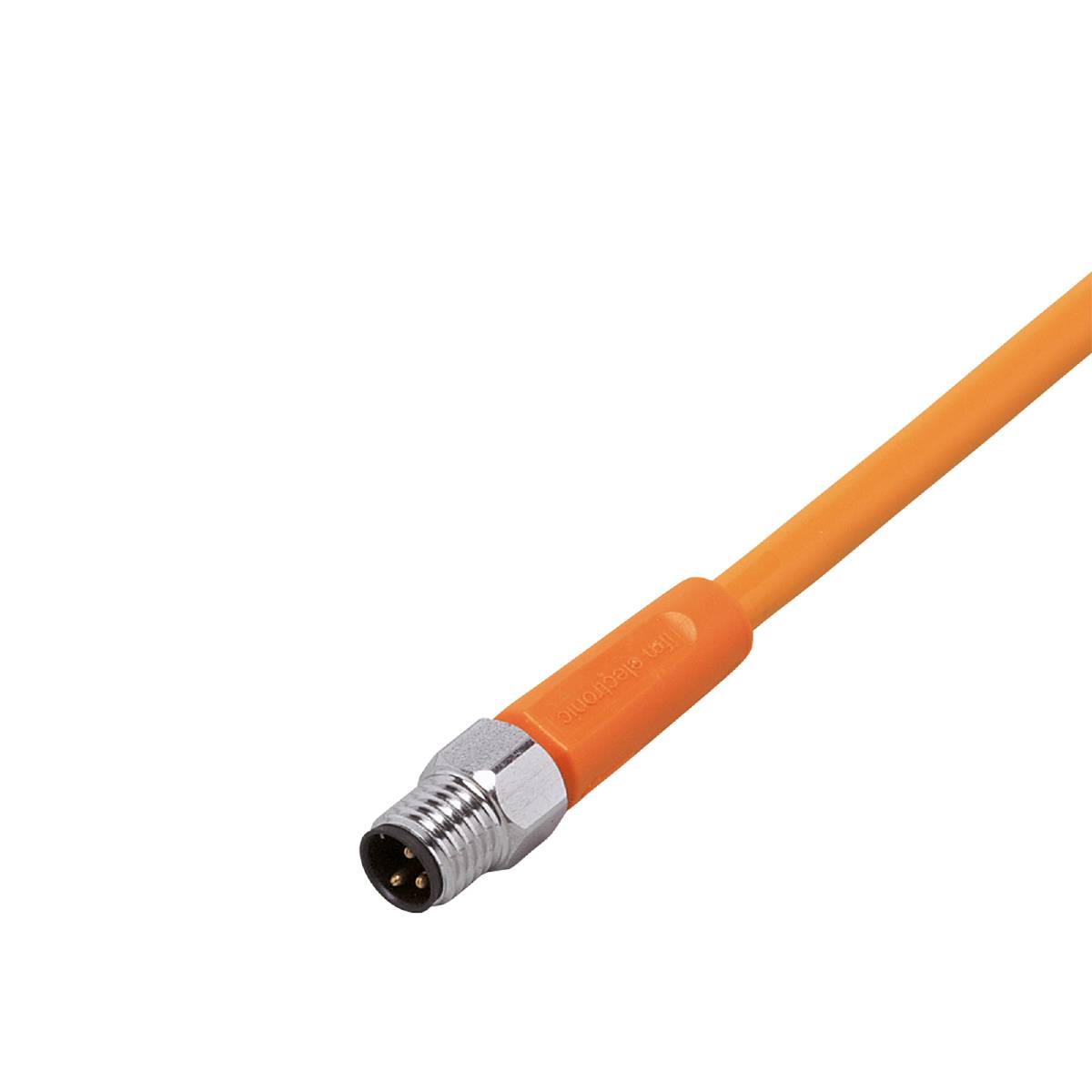 Ein orangefarbenes Kabel mit einem silbernen Stecker auf schwarzem Hintergrund.