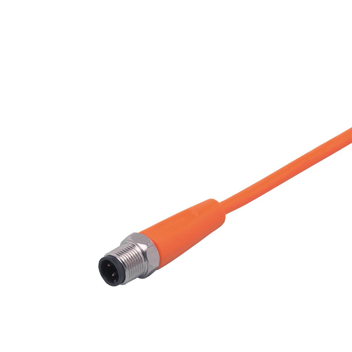 Ein orangefarbenes Kabel mit einem silbernen Stecker, isoliert auf schwarzem Hintergrund.