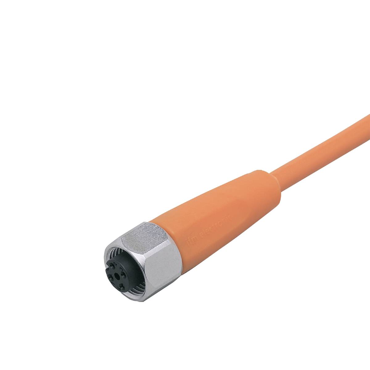 Ein orangefarbenes elektrisches Kabel mit einem zylindrischen Metallstecker. Es zeigt die Verbindungskomponente eines Kabels.