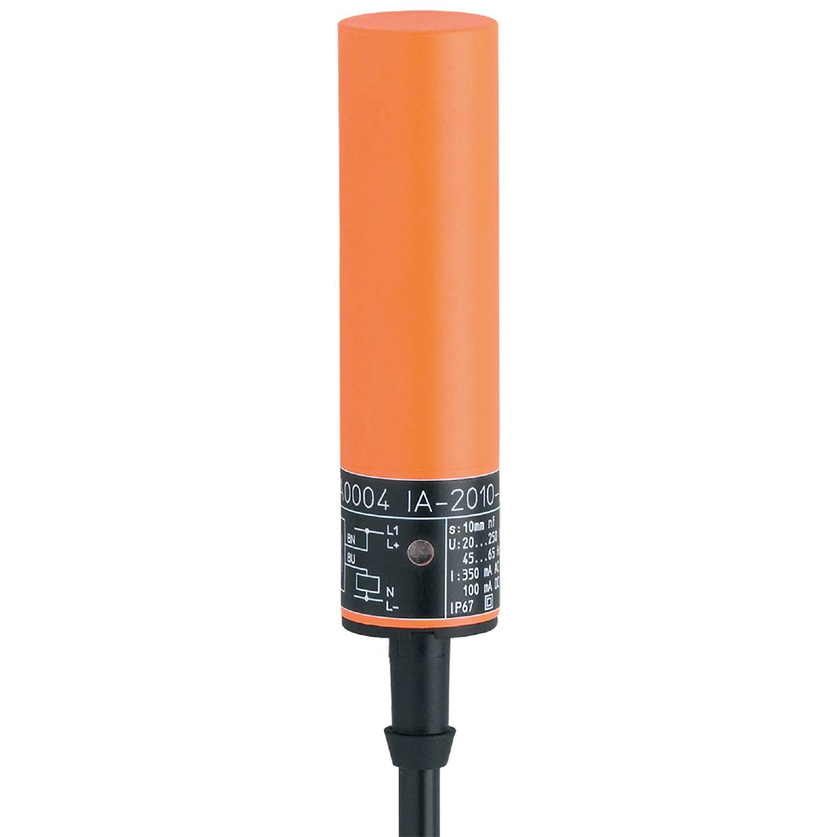 Sensor mit einem orangefarbenen Zylindergehäuse und Beschriftung am unteren Ende. Verwendet für industrielle Anwendungen.