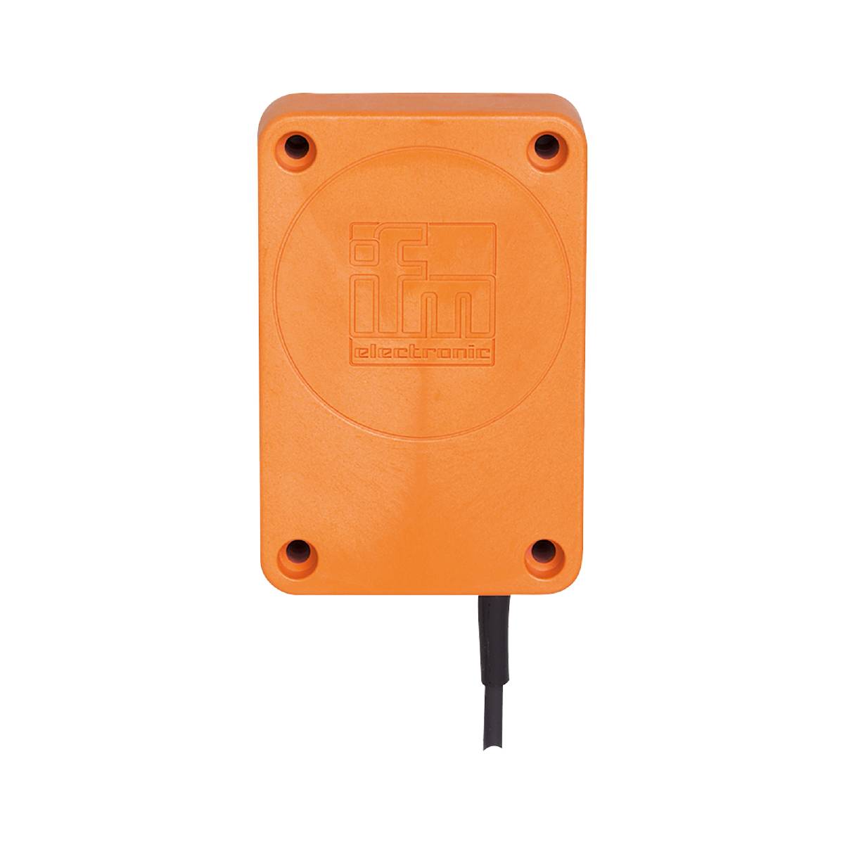 Ein orangefarbenes elektronisches Gerät mit einem schwarzen Kabel, das von unten herausragt, auf schwarzem Hintergrund.