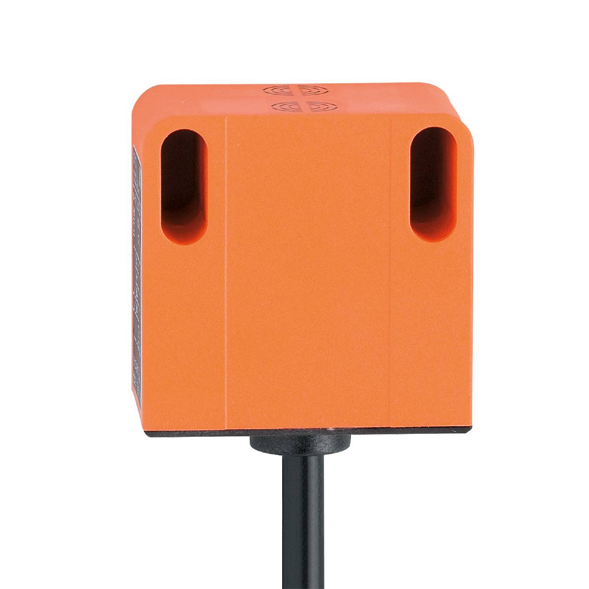 Ein rechteckiger, orangefarbener Sensor mit zwei Schlitzen auf schwarzem Hintergrund. Der Sensor ist auf einem schwarzen Stab montiert.