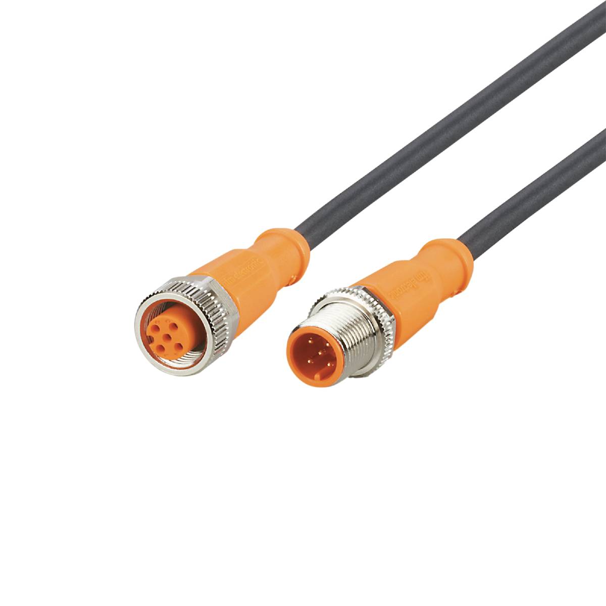 Zwei orangefarbene Steckverbinder mit grauen Kabeln auf schwarzem Hintergrund. Links ist ein Buchsenstecker, rechts ein Stecker.