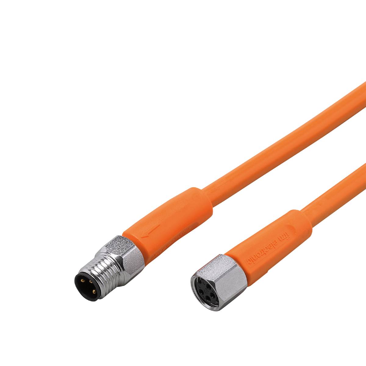 Orange Kabel mit M12-Steckverbinder, männlich und weiblich, für industrielle Anwendungen. Geeignet für robuste Verbindungen.